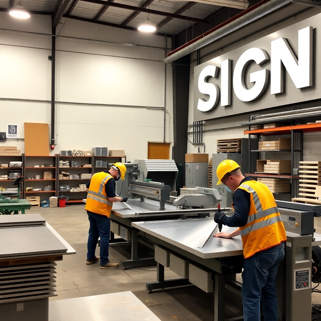 modern sign manufacturing facility with workers in safety gear