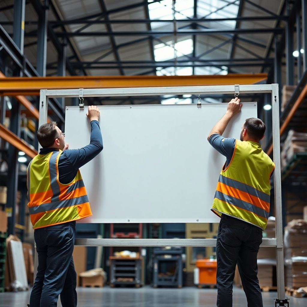 Two workers installing a large white sign